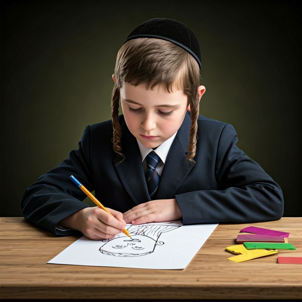 Young Hasidic Boy Engaged in Drawing