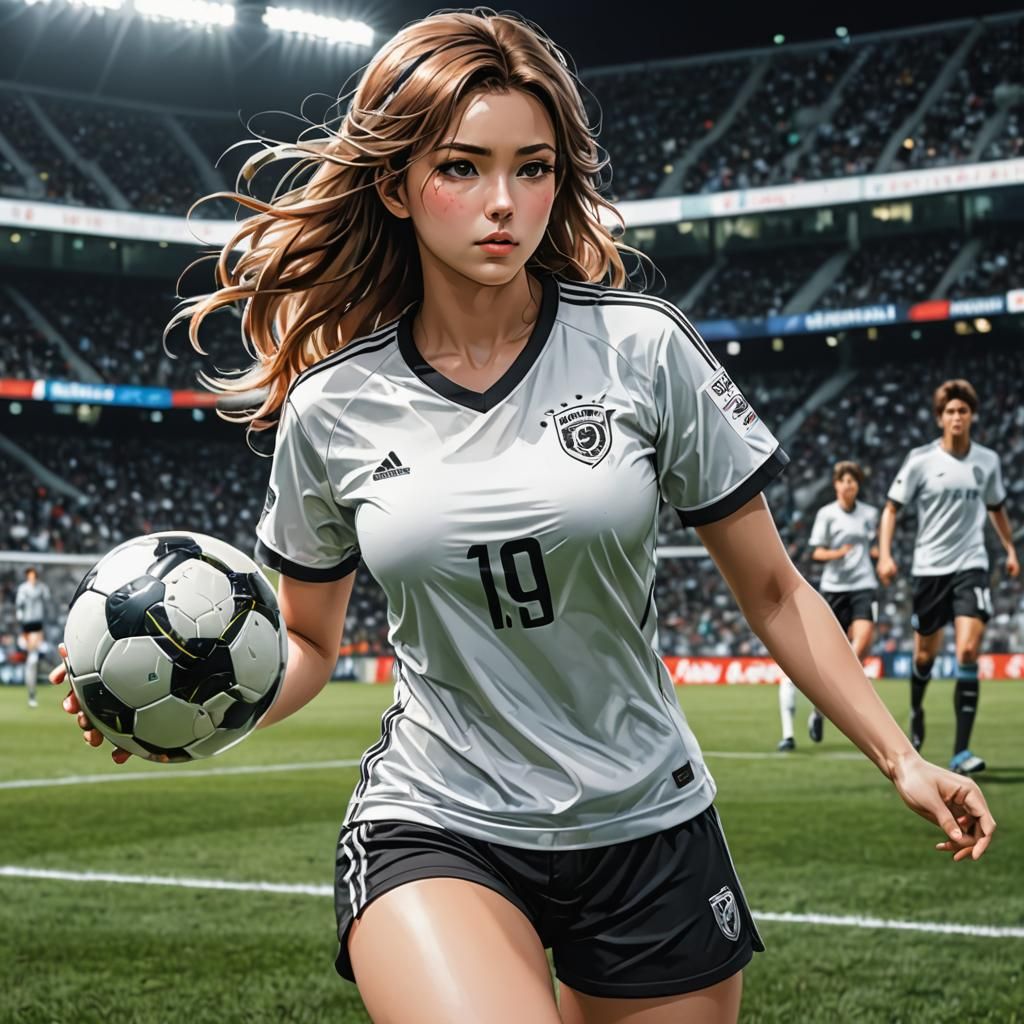 Anime Soccer Girl Kicking Ball on Field