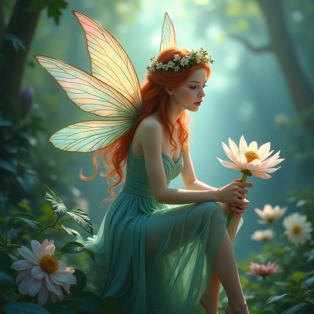 Mystical Fairy on Wildflower in Enchanted Forest