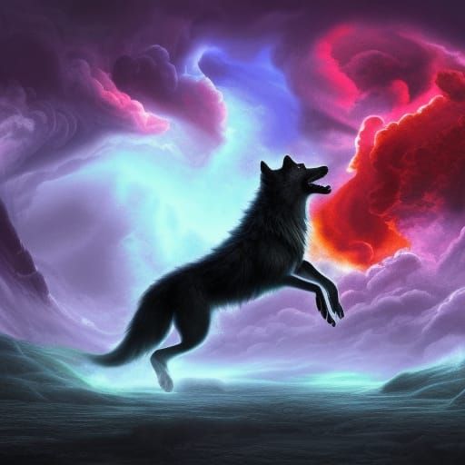 Wolf Leaps from Portal in Colorful Storm