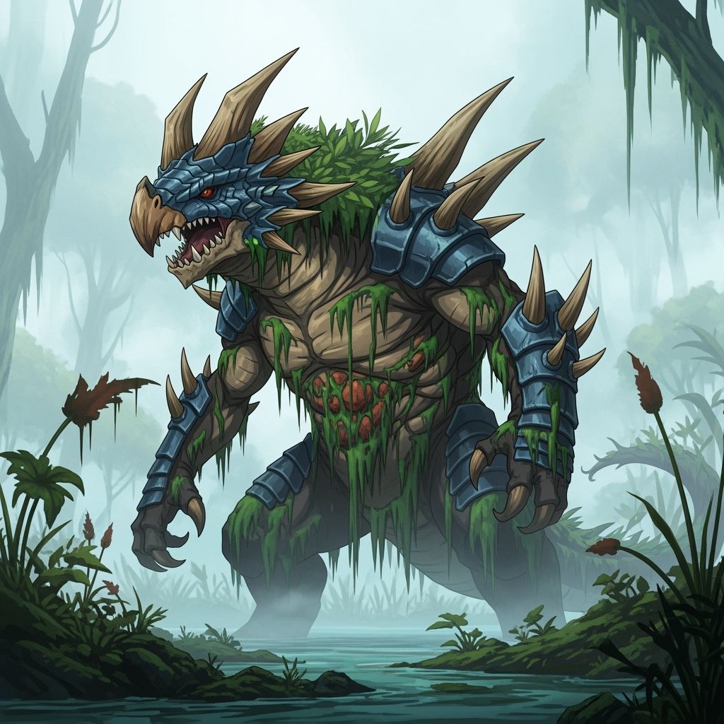 Massive Terramphibian Kaiju in Misty Wetland Anime Style