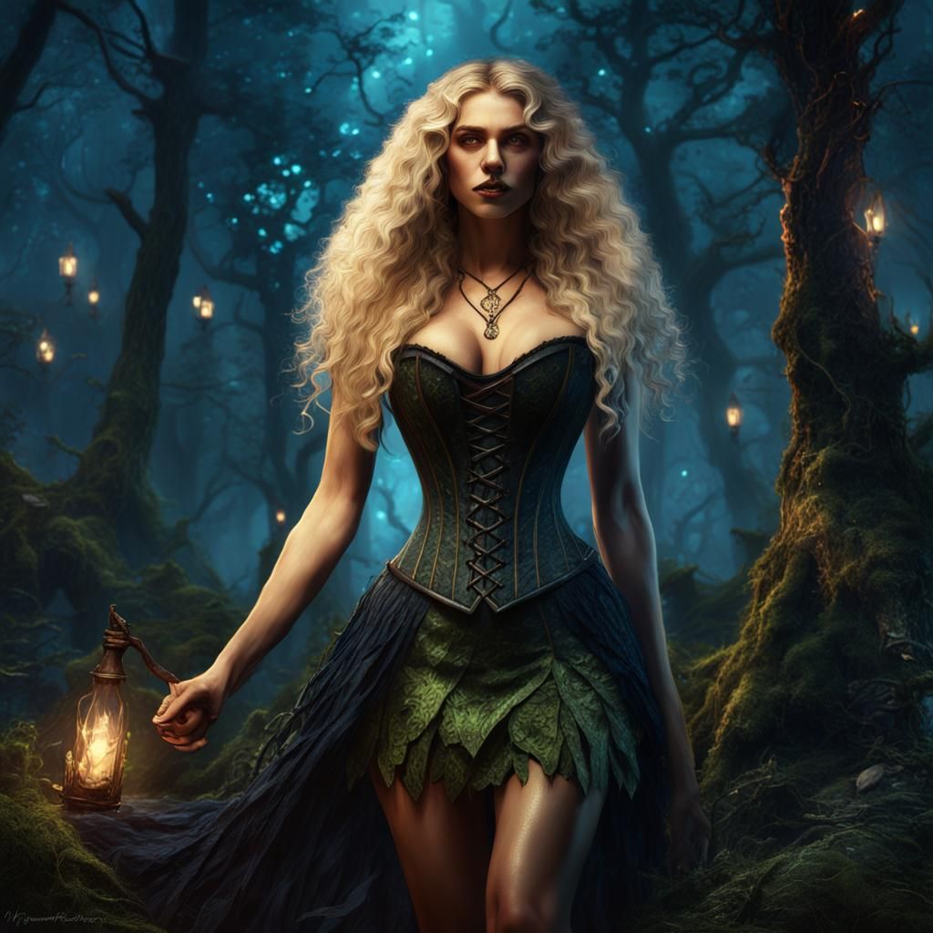 Spring Witch Celebrating Beltane in Forest, Digital Art