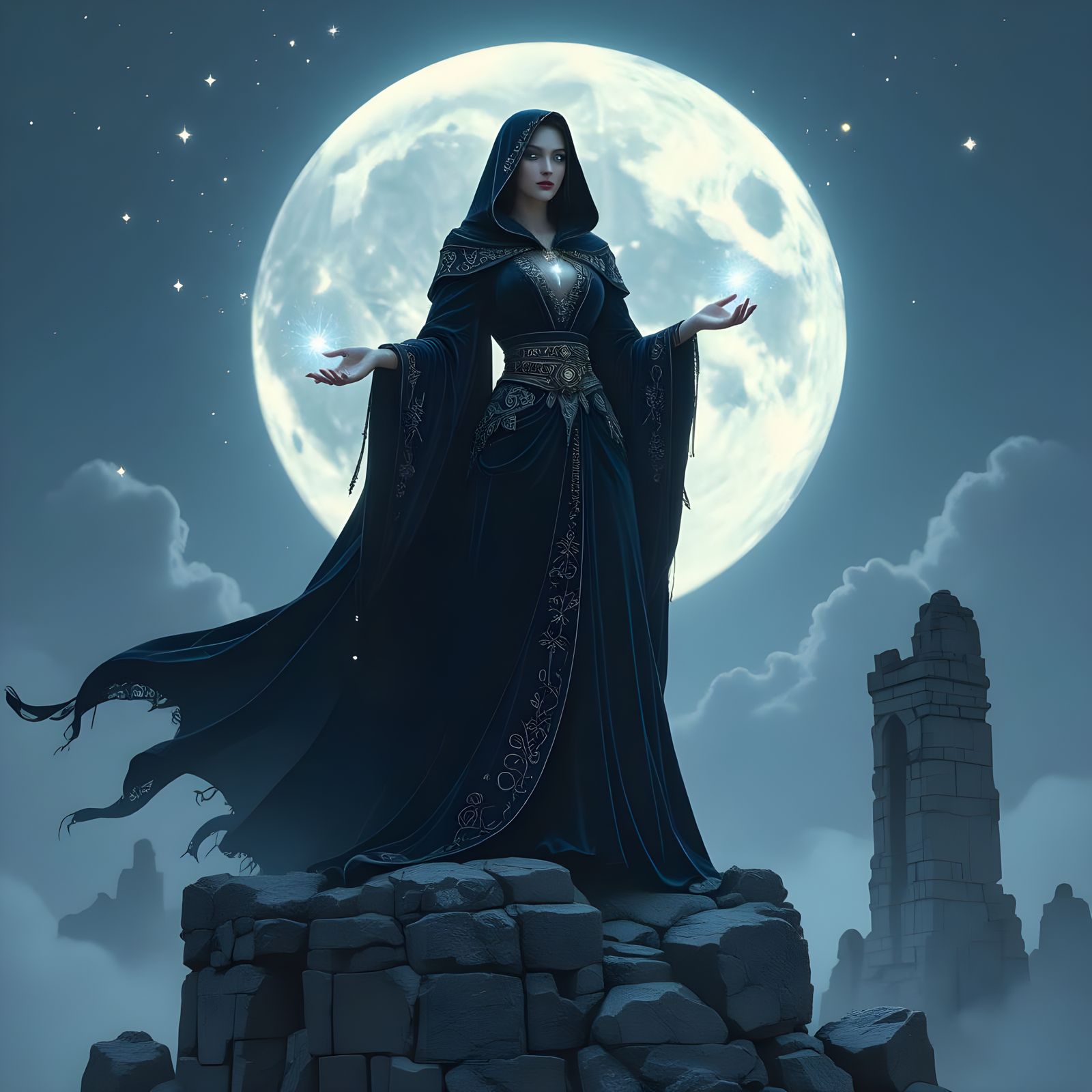 Regal Sorceress on Obsidian Tower in Dark Fantasy Style