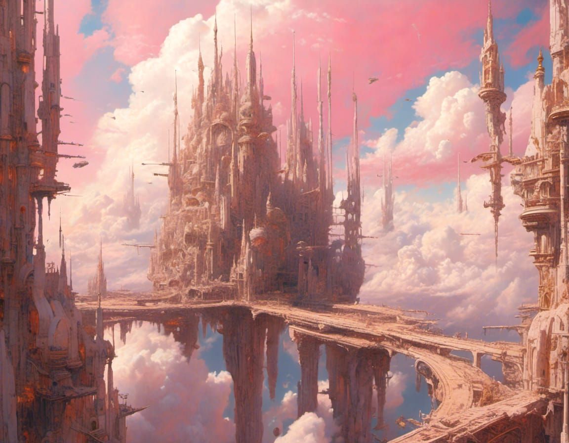 <lora:Sky Scenes:1.0> A beautiful city of white marble towers and gold arabesques with a section to the right blackened,...