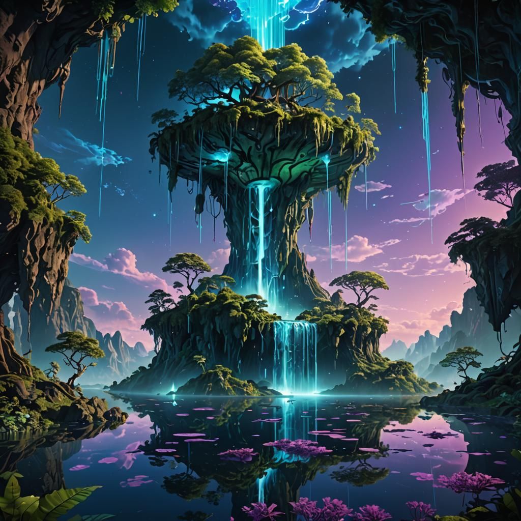 Floating Sky Island with Bioluminescent Flora