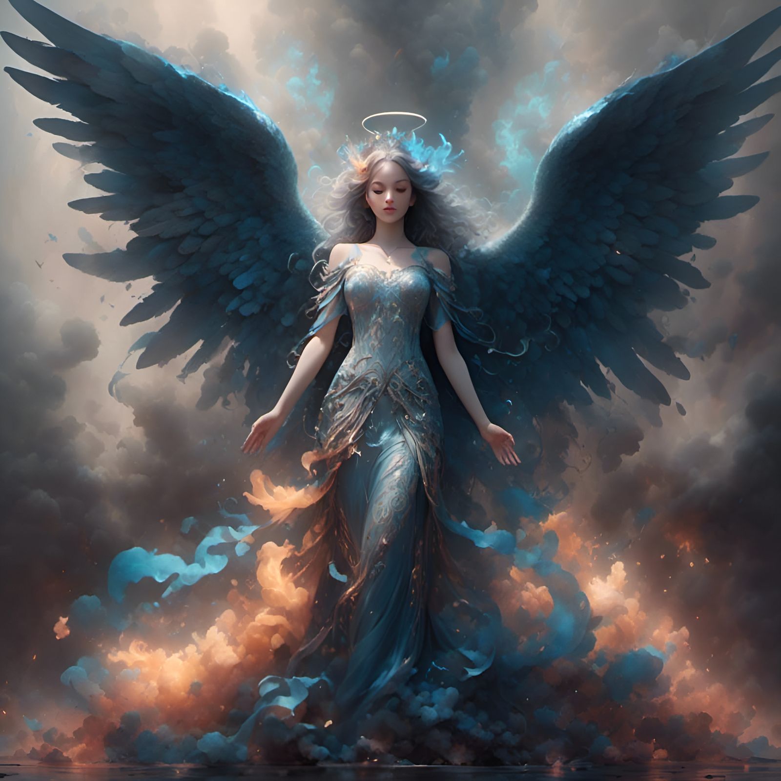 Menacing Angel with Blue Fire, Ink Drawing Style