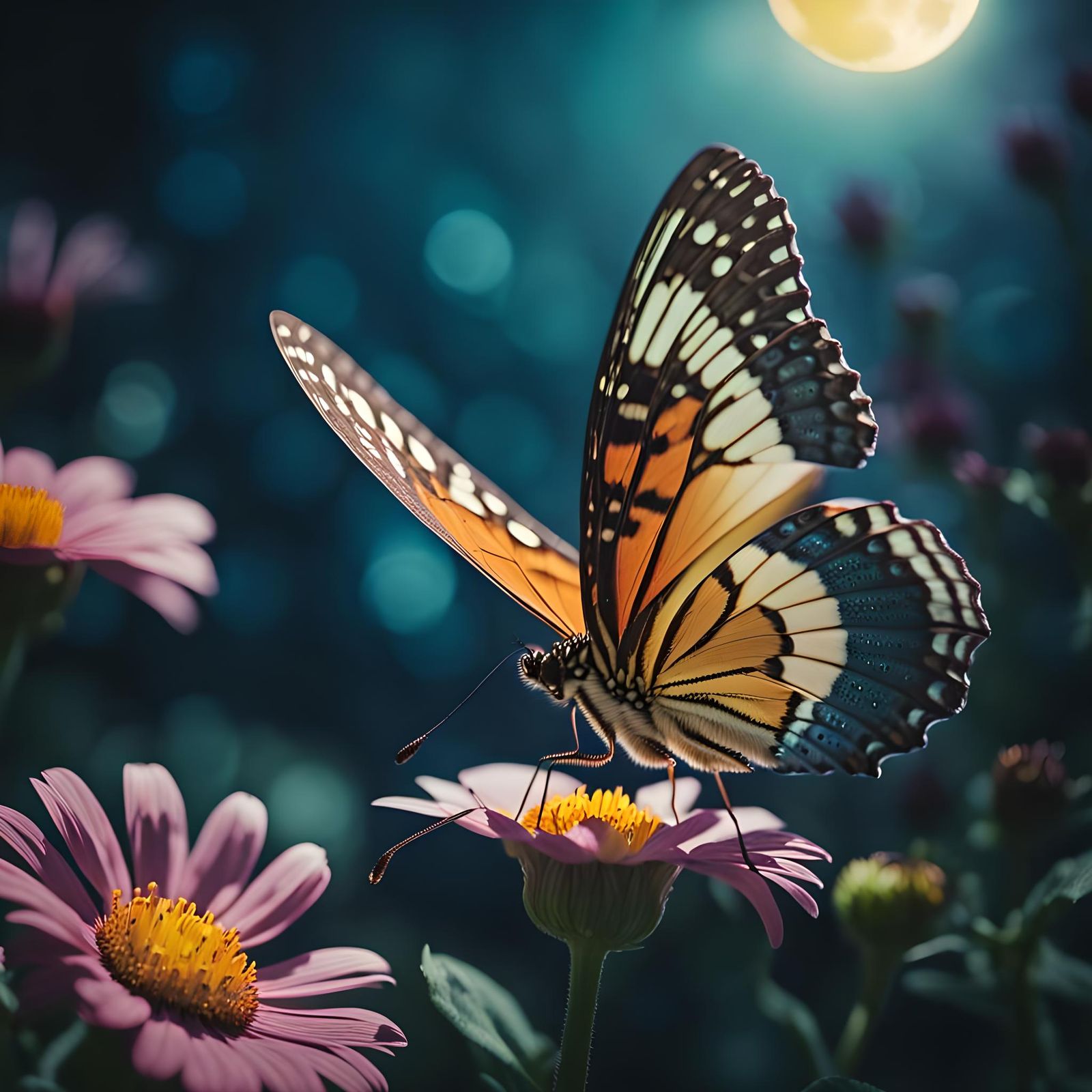 Photorealistic Butterfly Landing in Moonlight