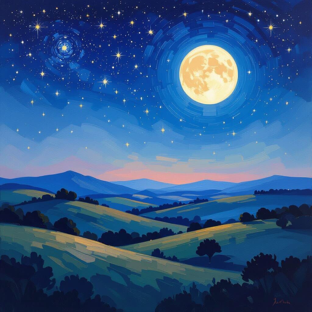 Starry Night Landscape with Luminous Moon in Impressionistic...