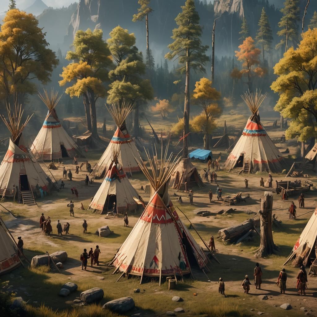 Native Americans Building Teepees: Detailed Matte Painting