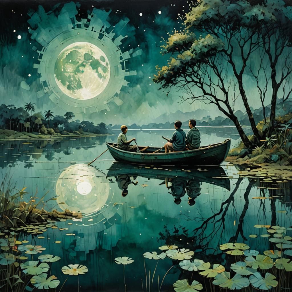 Moonlit Lake Fishing Scene in Art Brut Style