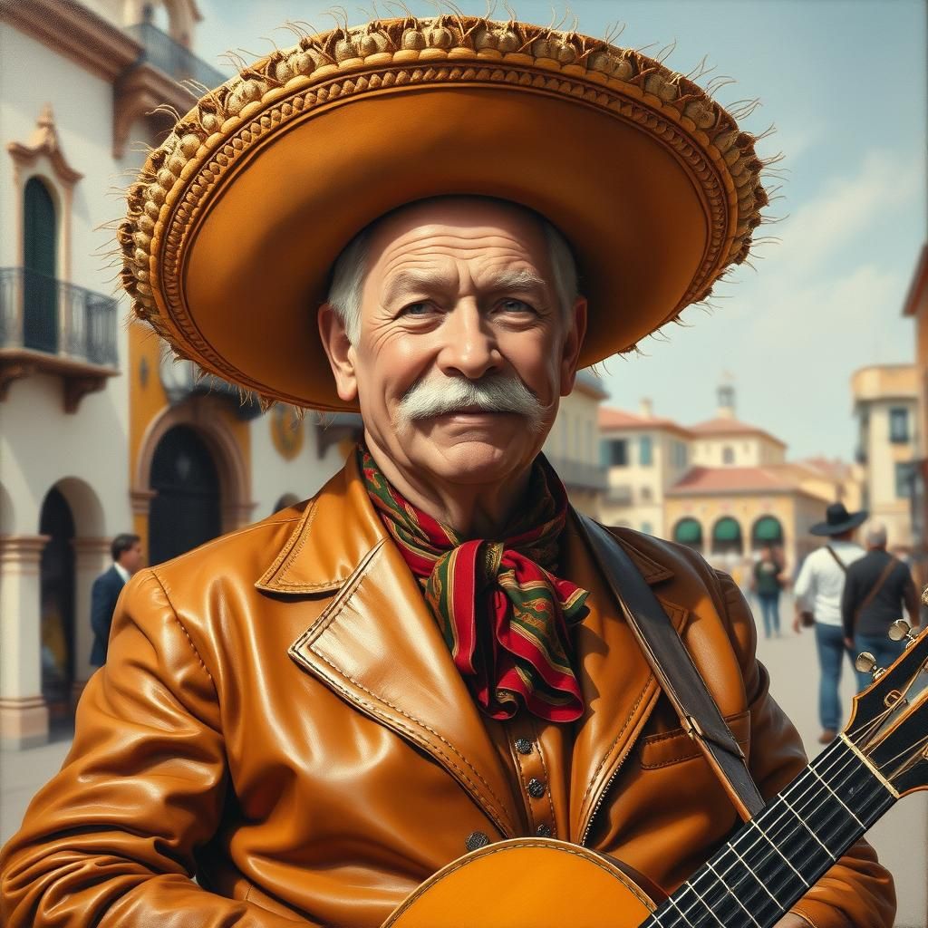 Mariachi Gentleman in Plaza: Retro Oil Portrait