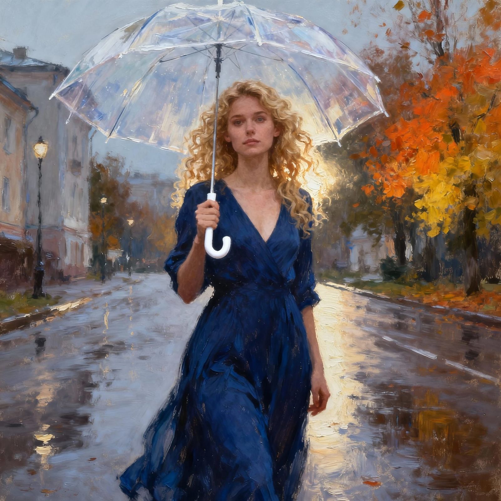 Impressionist Painting of Woman with Blue Dress Under Umbrel...