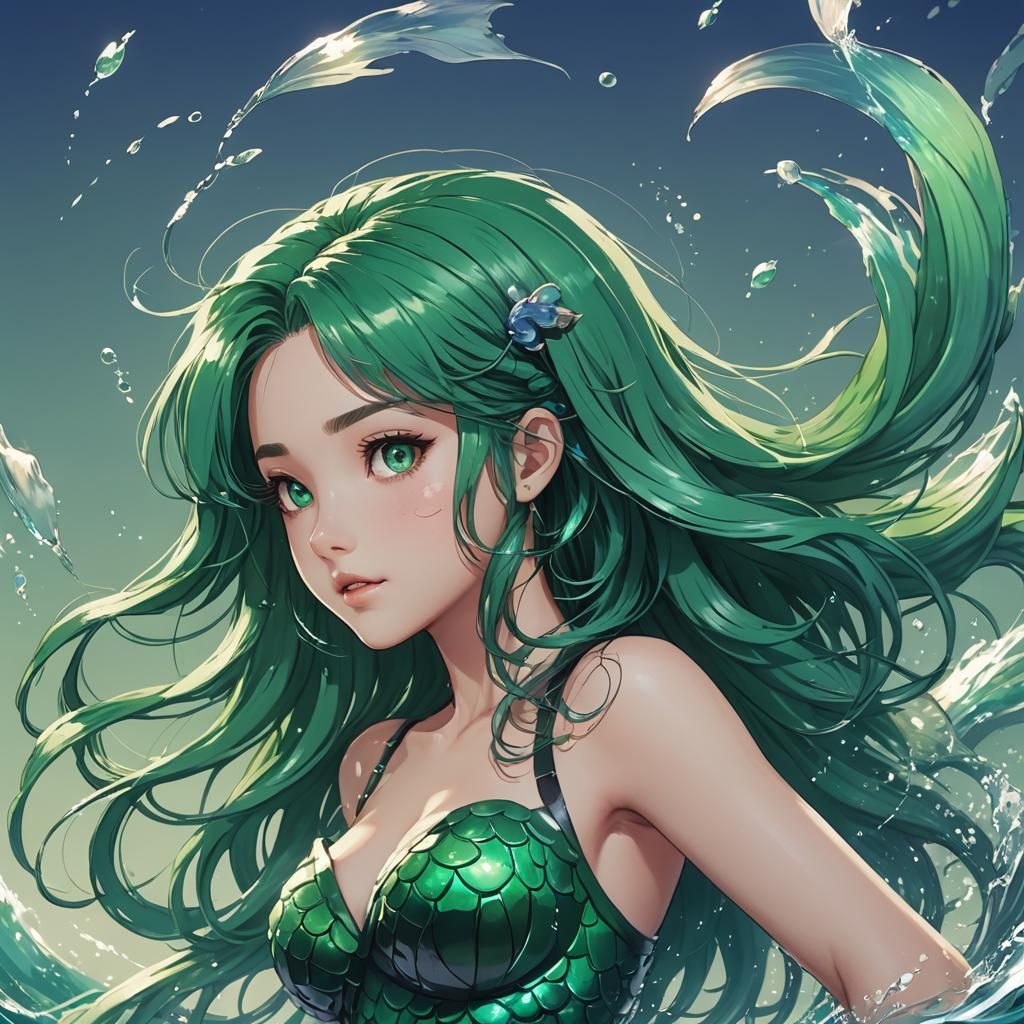 Green-Haired Mermaid in Anime Style