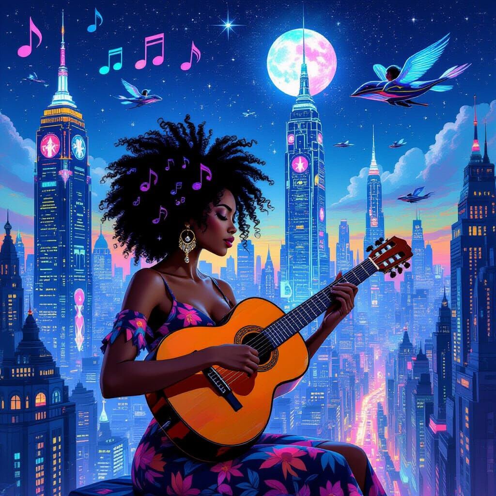 Afro-Latina Musician in Vibrant Afro-Futurist Cityscape