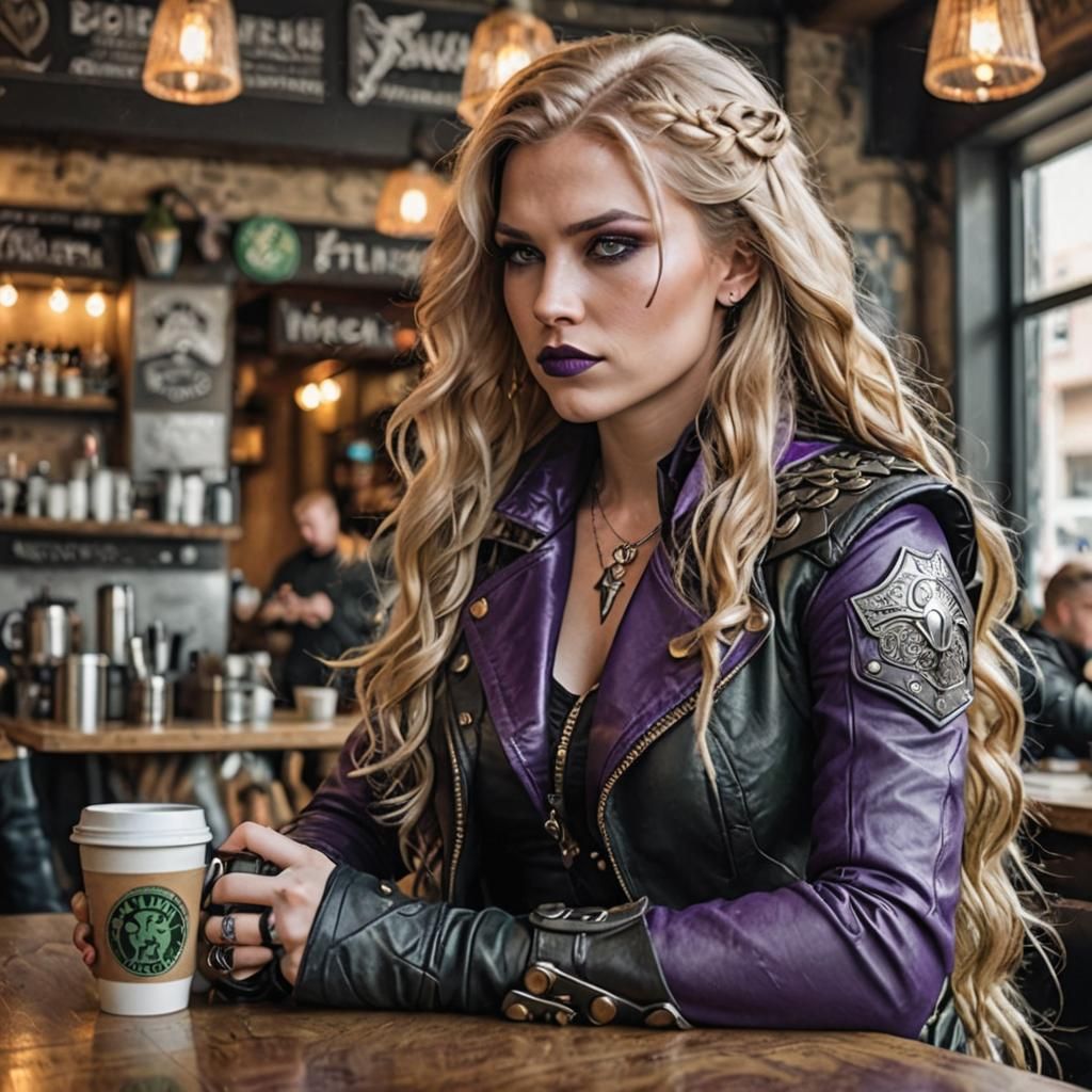 Valkyrie Biker in Cafe: AI Generated Portrait
