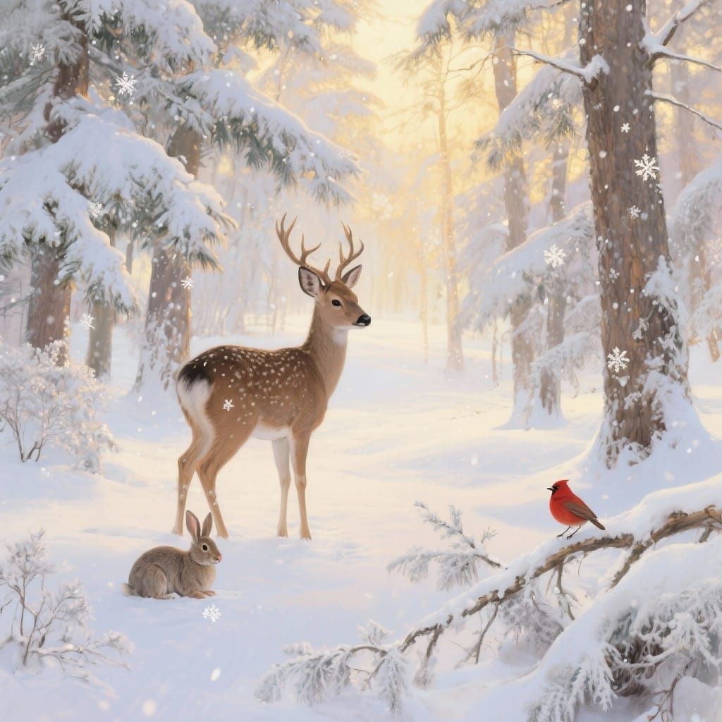 Peaceful Winter Forest with Deer and Bird