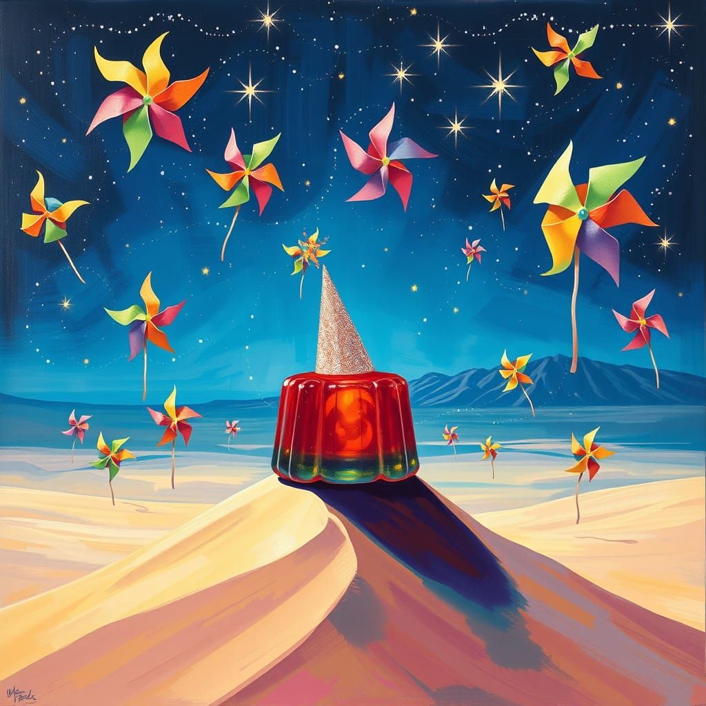 Surreal Jello Party in a Starry Desert Landscape