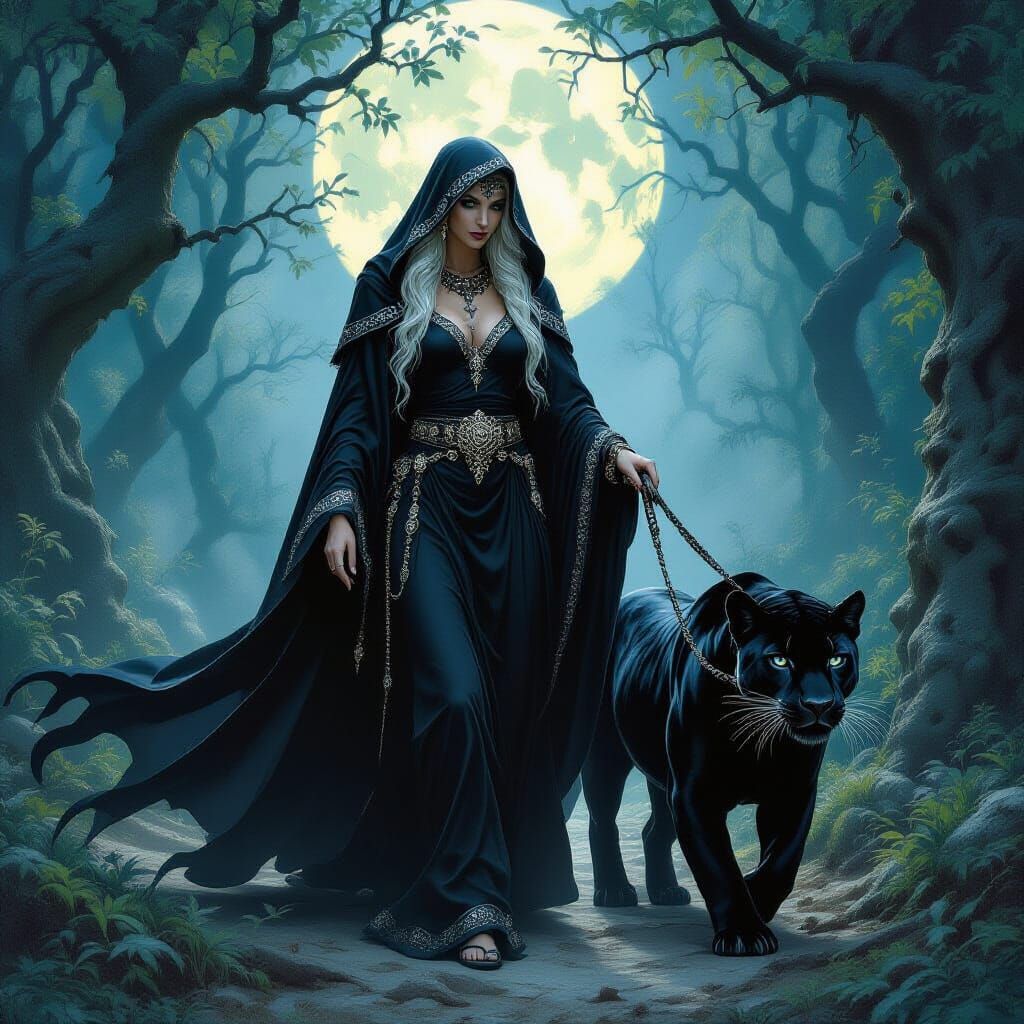 Elderly Hecate Walks with Jaguar in Moonlit Forest