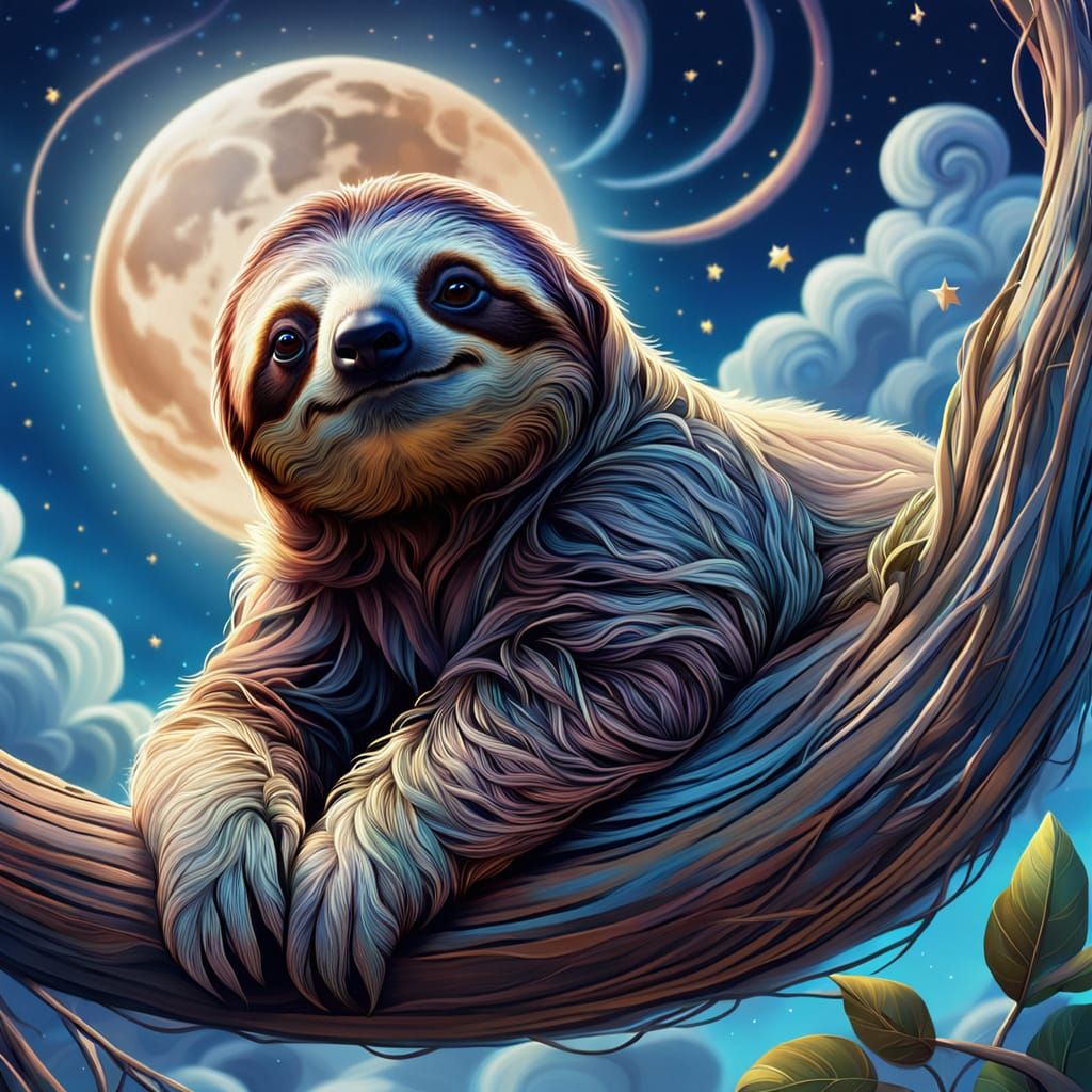 Dreamlike Sloth Under Swirly Skies, Vibrant Fantasy Art