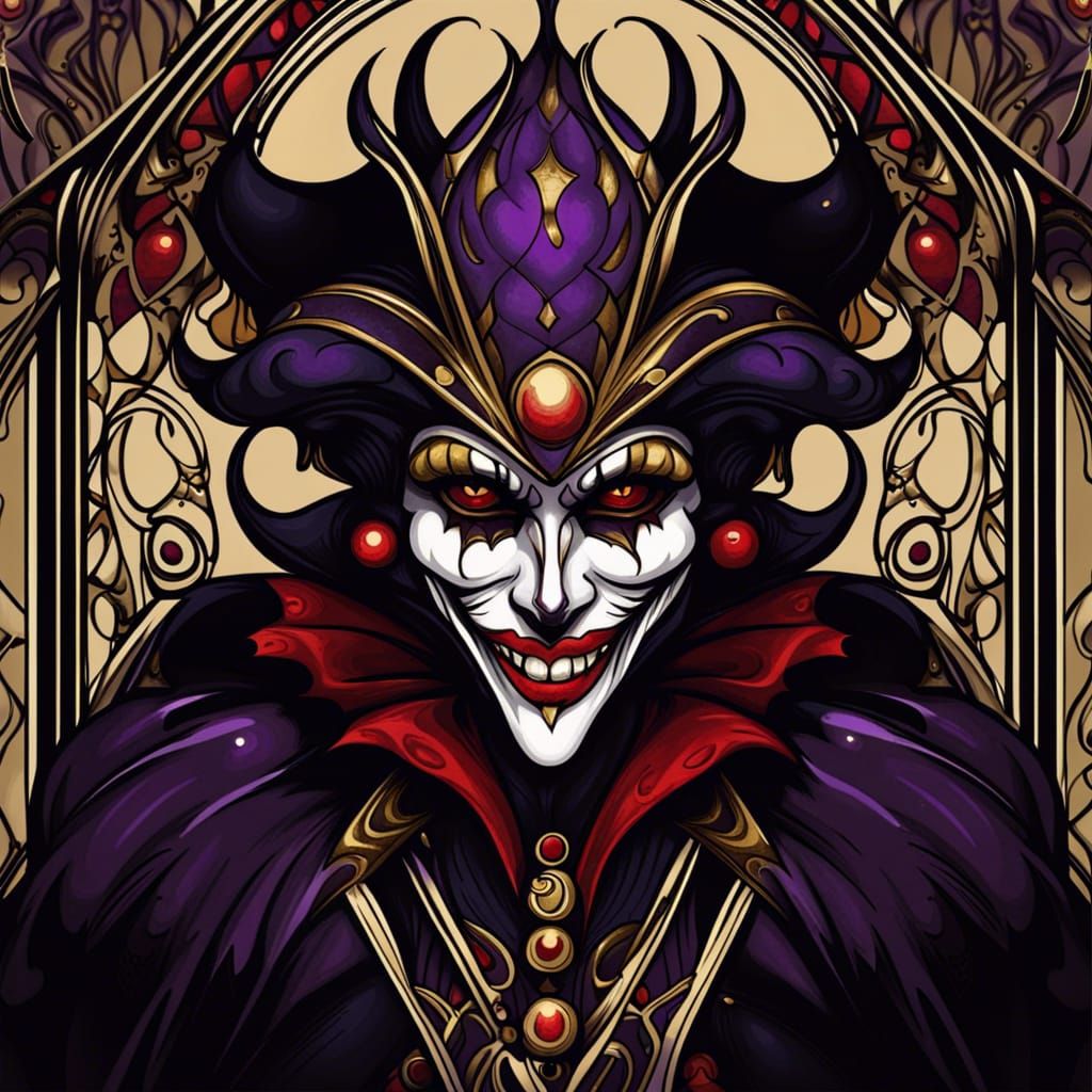 Ornate Art Nouveau Harlequin Jester in Dark Fantasy Style