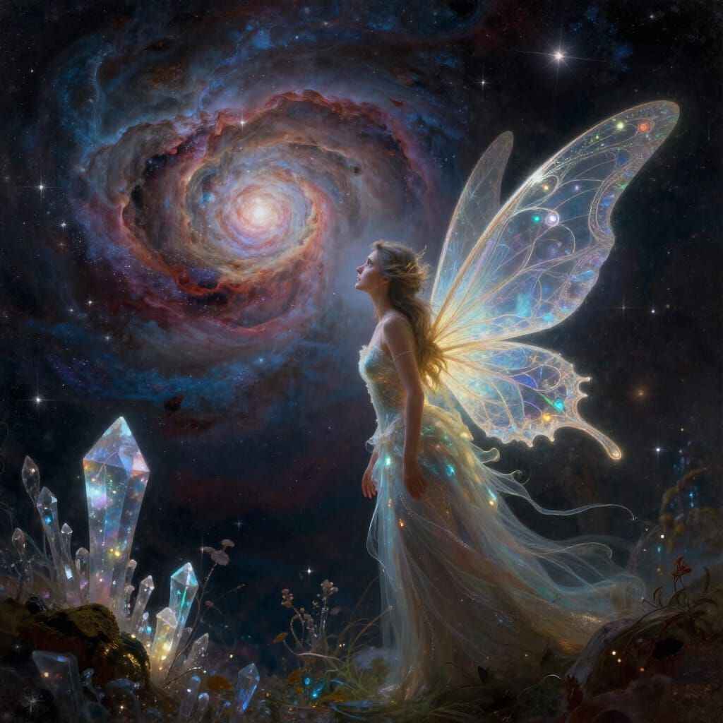 Ethereal Fairy Gazing Into Cosmic Nebula