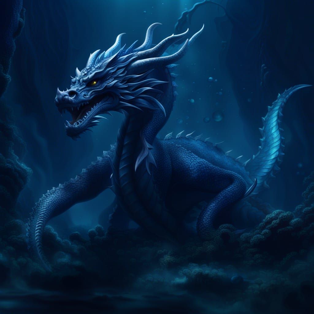Underwater Dragon in Dark Blue, Digital Matte Painting