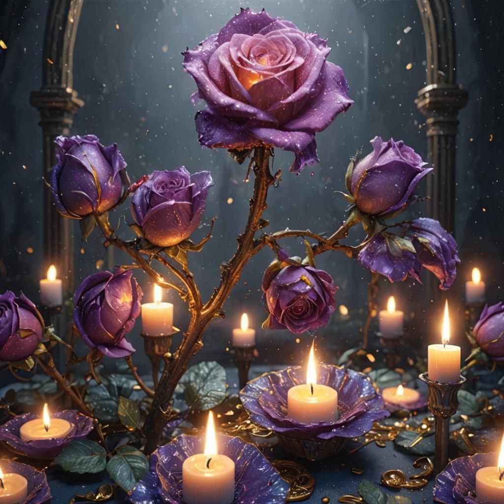 Deep Purple Rose with Candles in Dark Fantasy Style