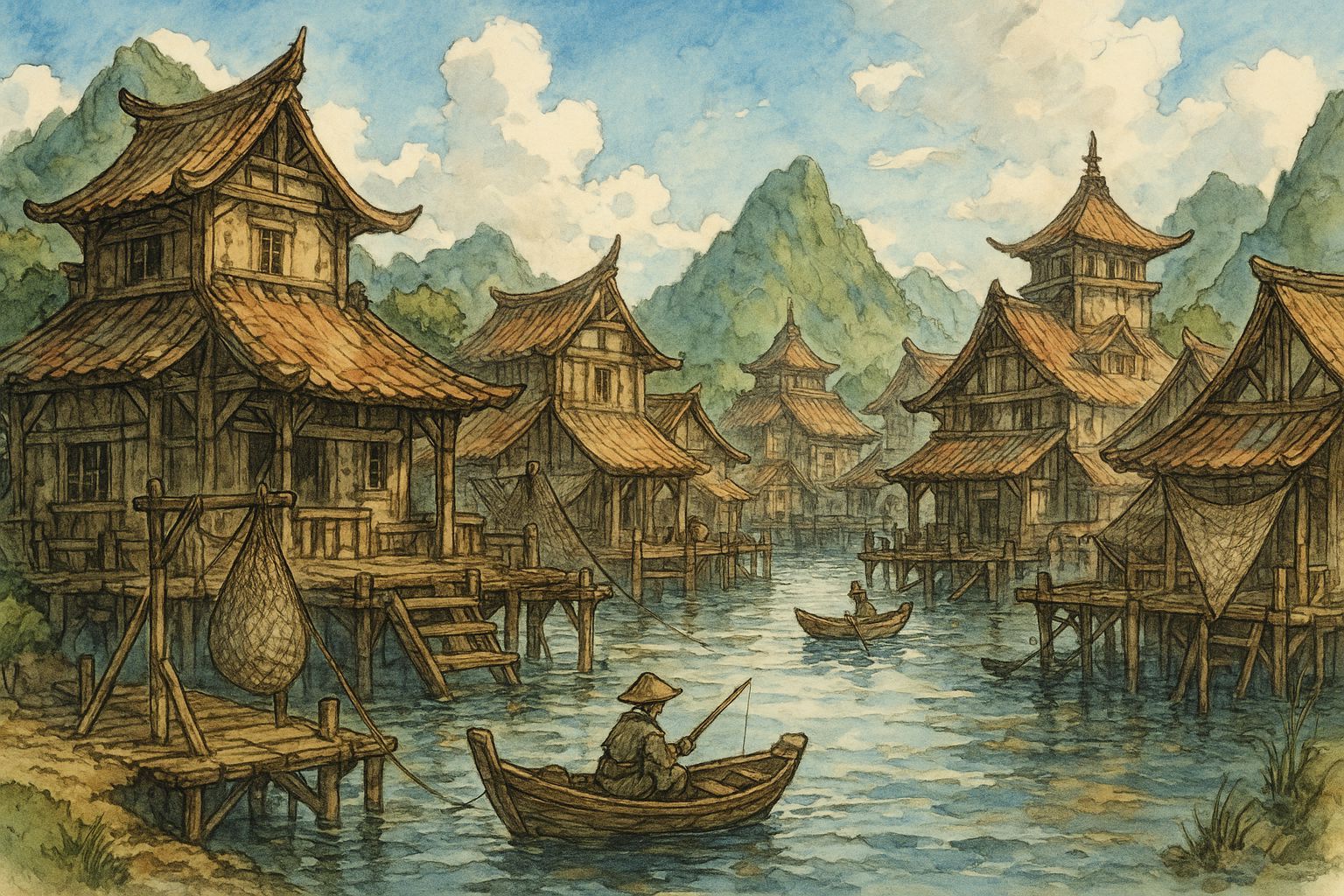 Anime Fishing Village in Ink and Watercolor