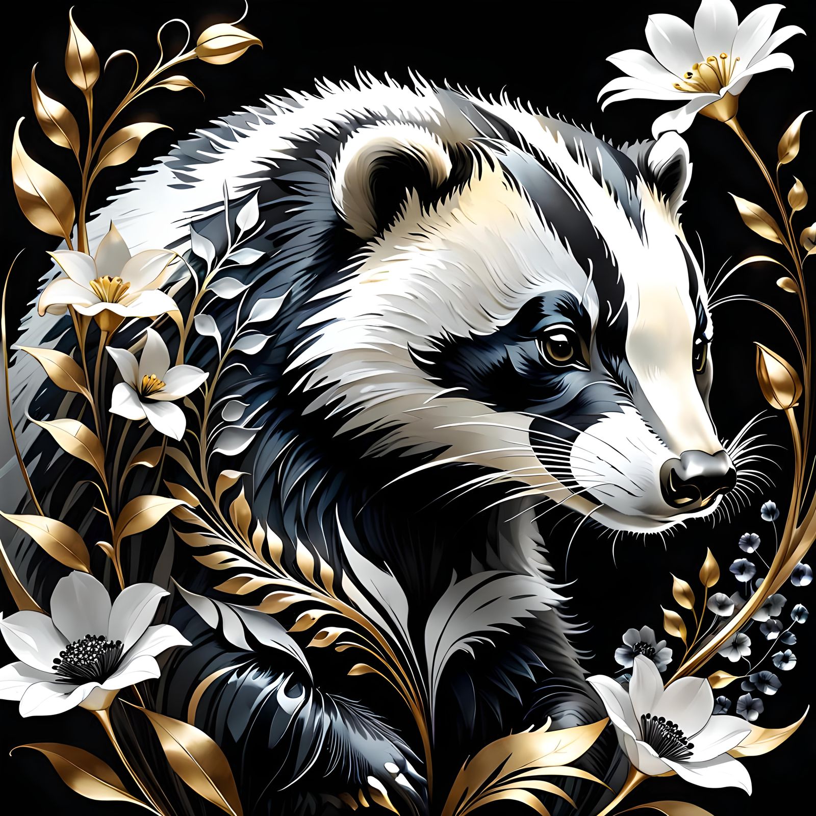 Badger and Black and White Flowers in Watercolor Fusion