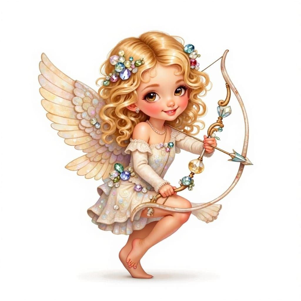 Cute Cartoon Cupid Kneeling with Bow and Arrow
