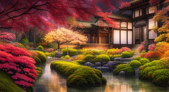 Hyperrealistic Japanese Gardens Digital Painting