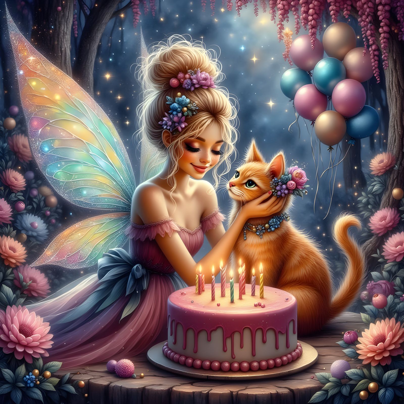 Fairy and Cat Celebrate Birthday with Cake and Balloons
