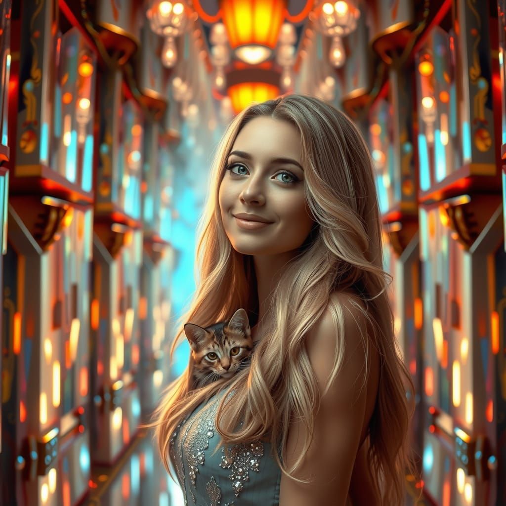 Woman with Kitten in Crystalline Hall, Art Nouveau Style