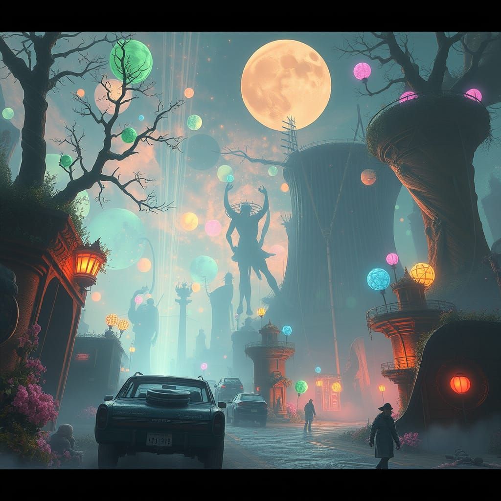 Dreamlike Cyberpunk Scene with Intricate Details