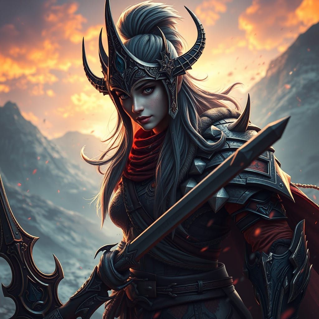 Fierce Valkyrie in Deep Fantasy Landscape
