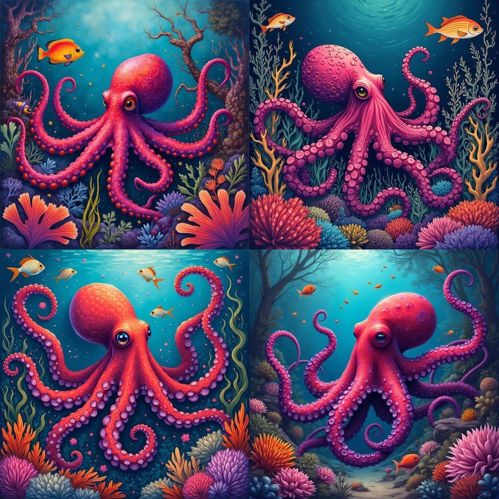 Crimson and Purple Octopus in Tropical Undersea Garden