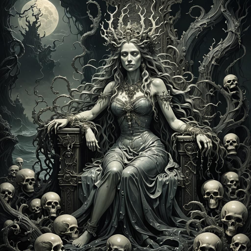 Sea Goddess on Skull Throne in Doré Style
