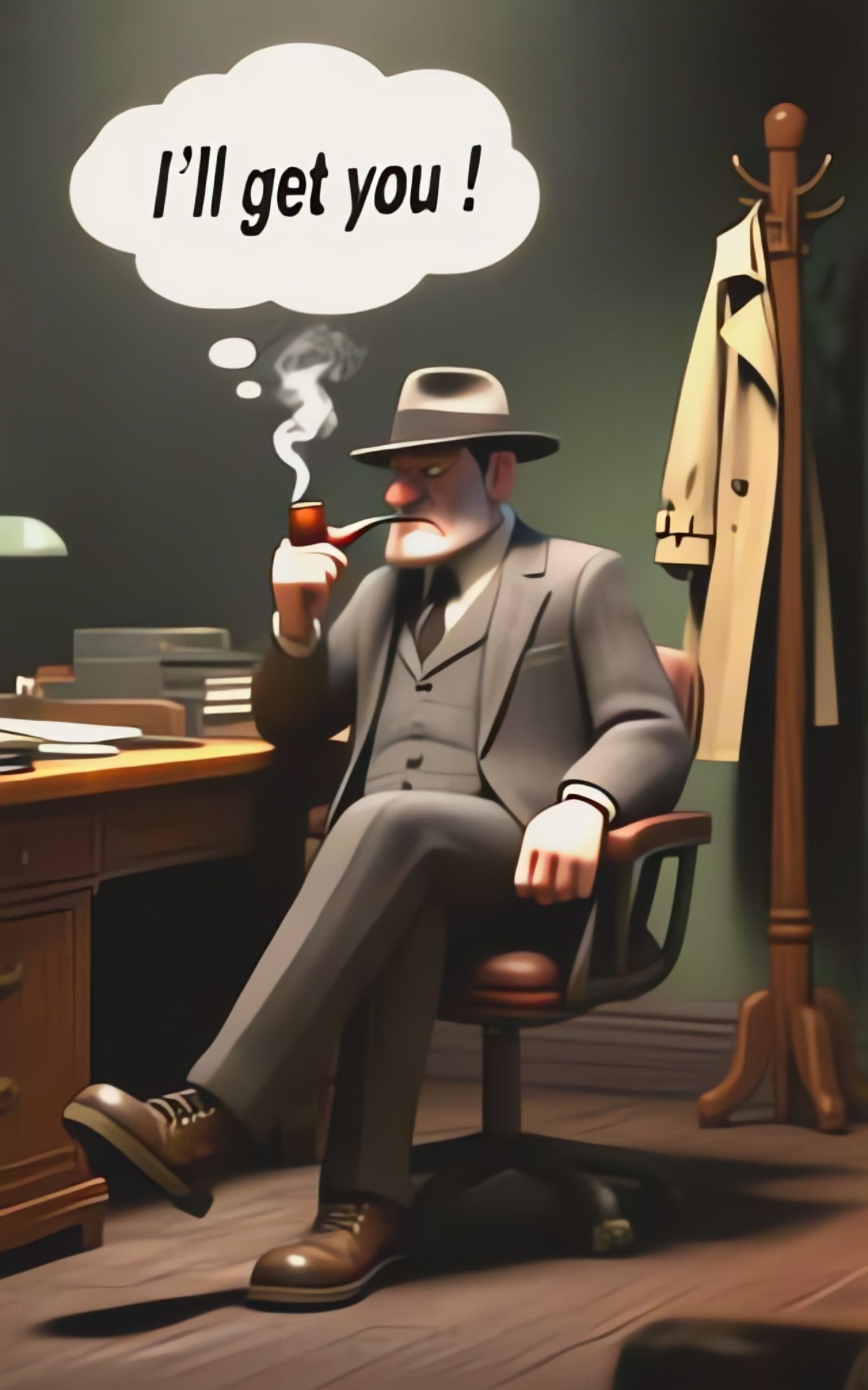 Exhausted Detective in Dark Film Noir Office