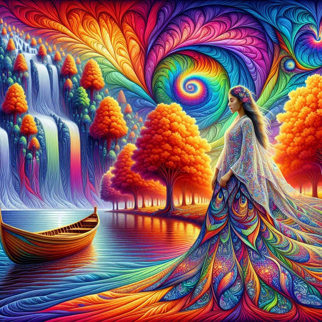 Boat on River with Rainbow Waterfalls in Vector Art