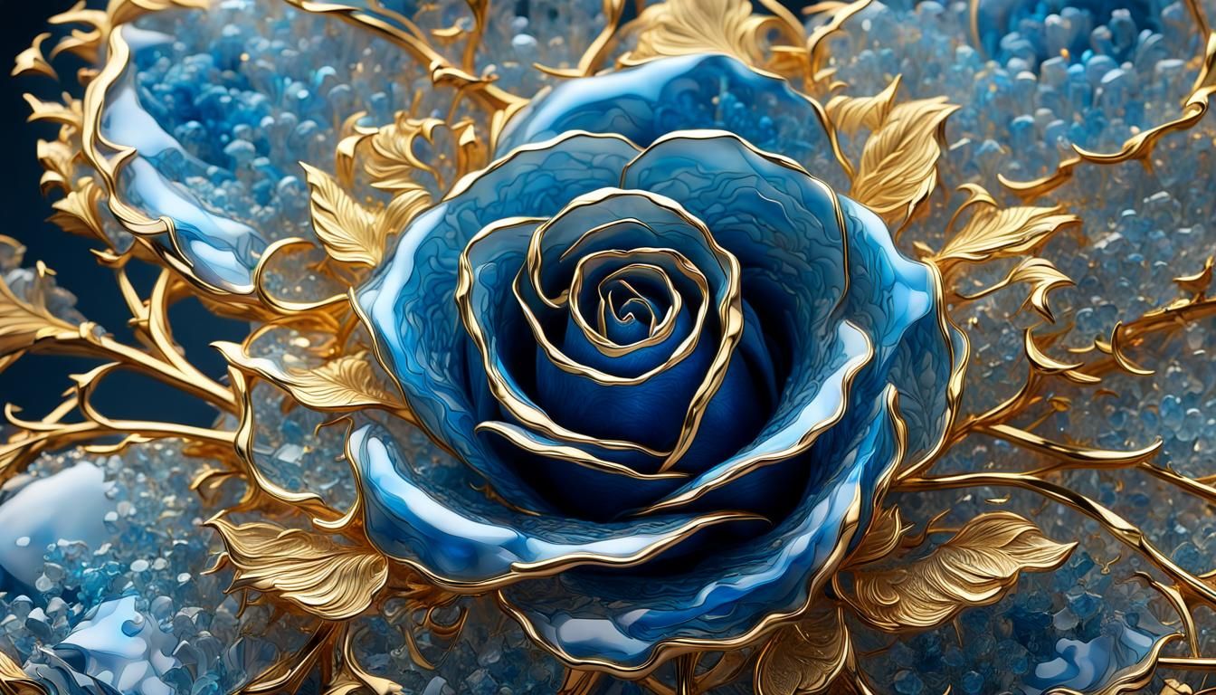 Translucent Blue Ice Rose with Gold Fractal Trim