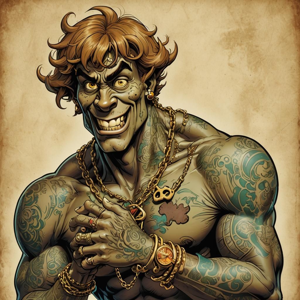 Scooby Doo looking sideways, appears big jolly but with some...