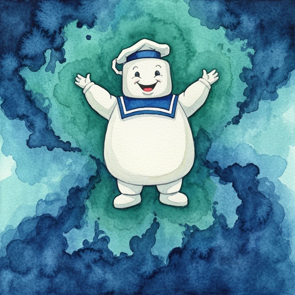 Stay Puft Marshmallow Man Ascends Nebula in Watercolor Style