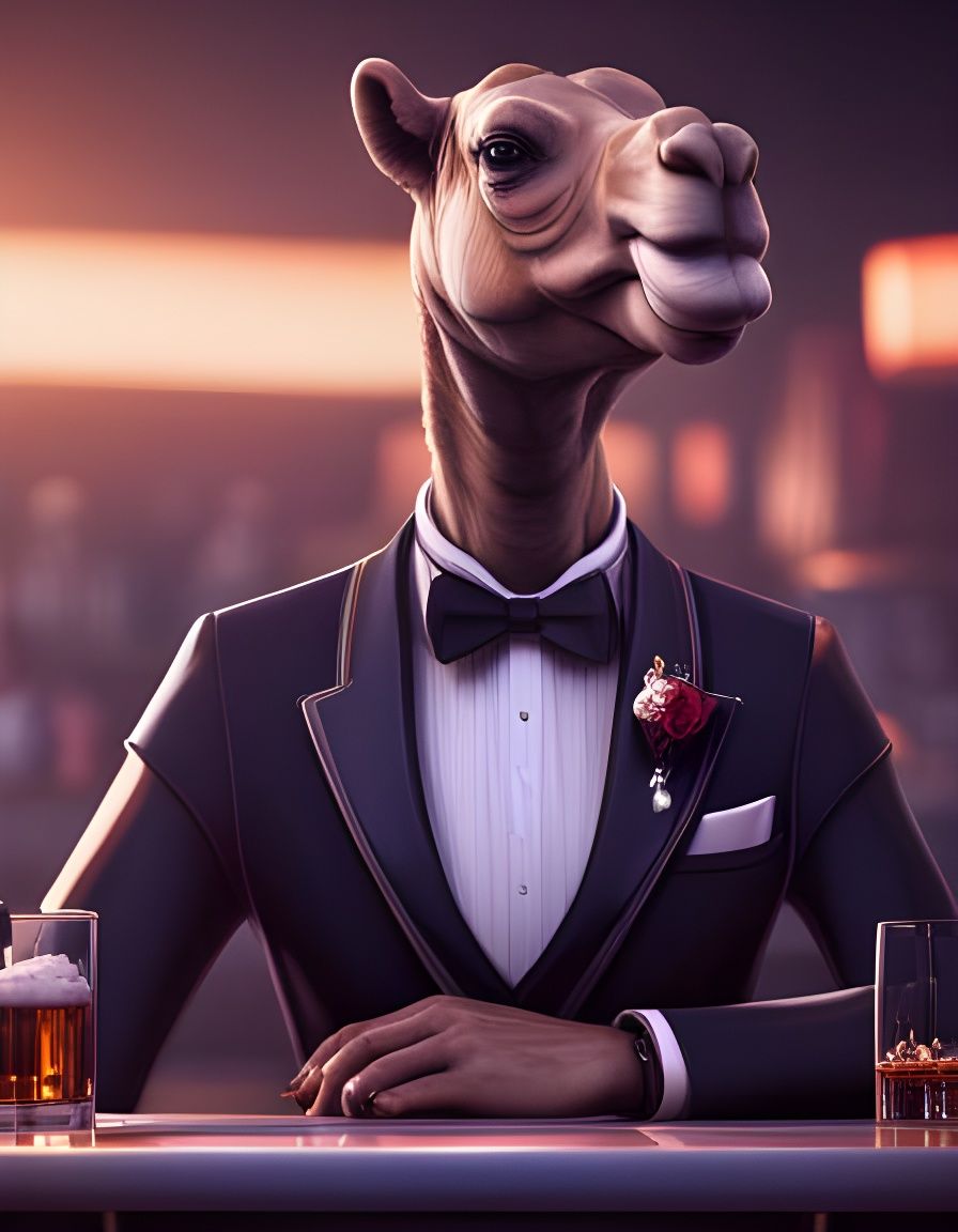 Camel in Tuxedo Drinking Whiskey: Sci-Fi Rendering