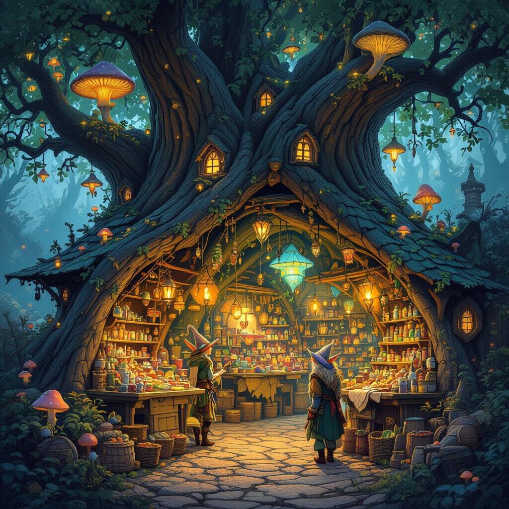 Lively Fey Market in Hollow Tree, Fantasy Illustration