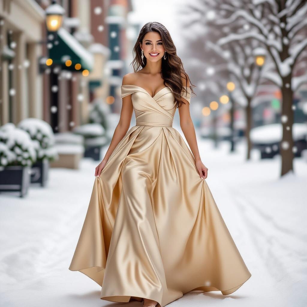 Belle in Gold Christmas Dress Walking in Snowy Winter
