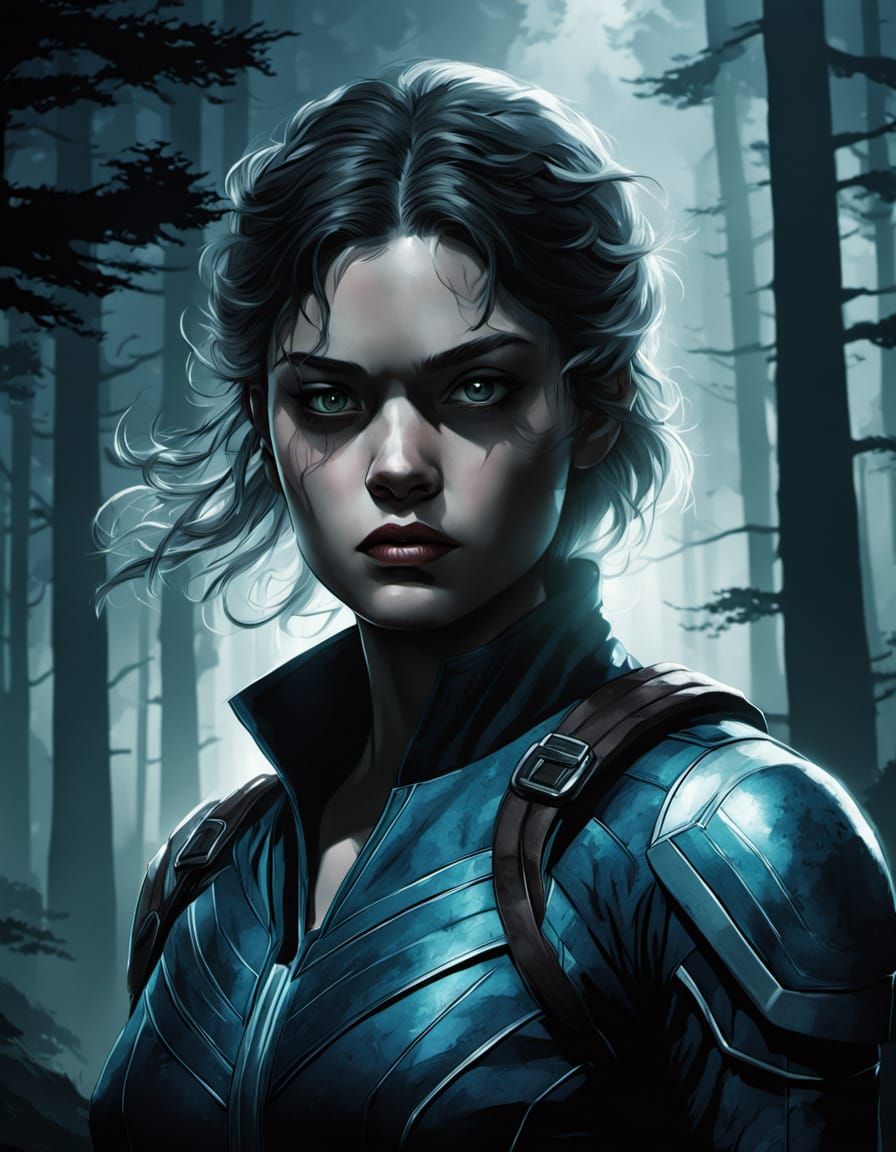 Rogue from X-Men in Dark, Misty Forest Cinematic Style