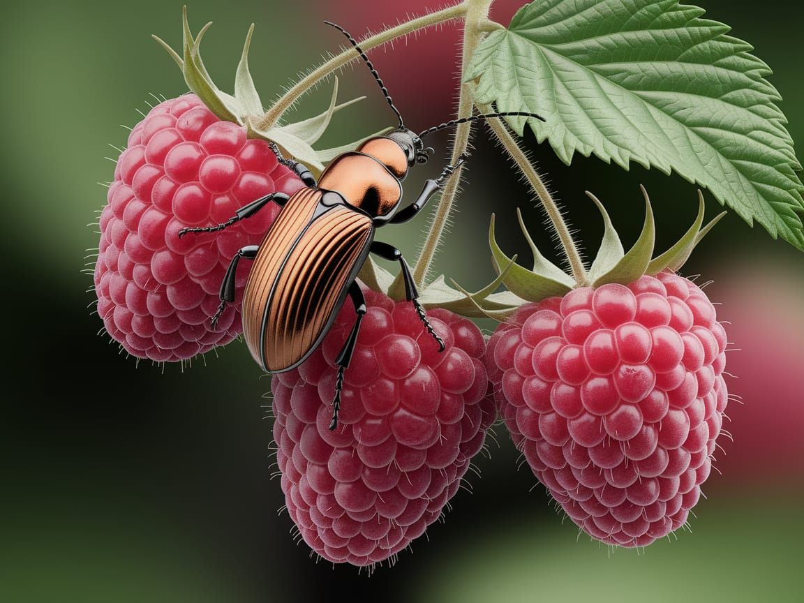 Copper Beetle on Unripe Raspberries in Macro Style