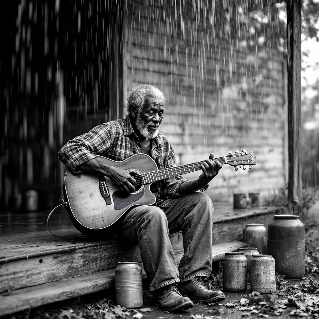 Elderly Man Playing Guitar in Rainy Black and White Photo