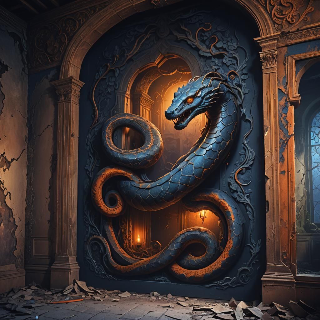 Serpent in Abandoned House: Dark Fantasy Matte Painting