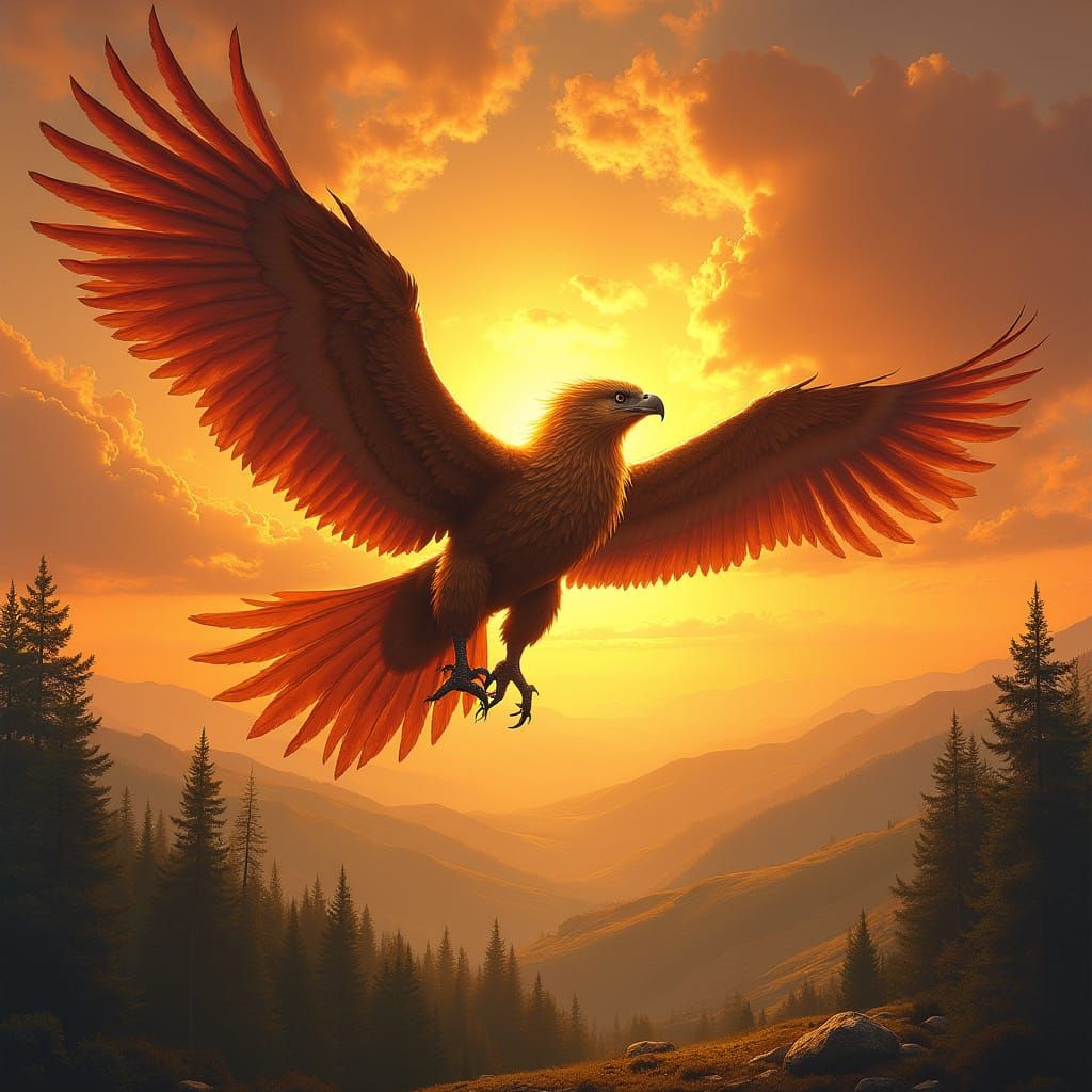 Griffin Soaring at Sunset in Fantasy Art Style